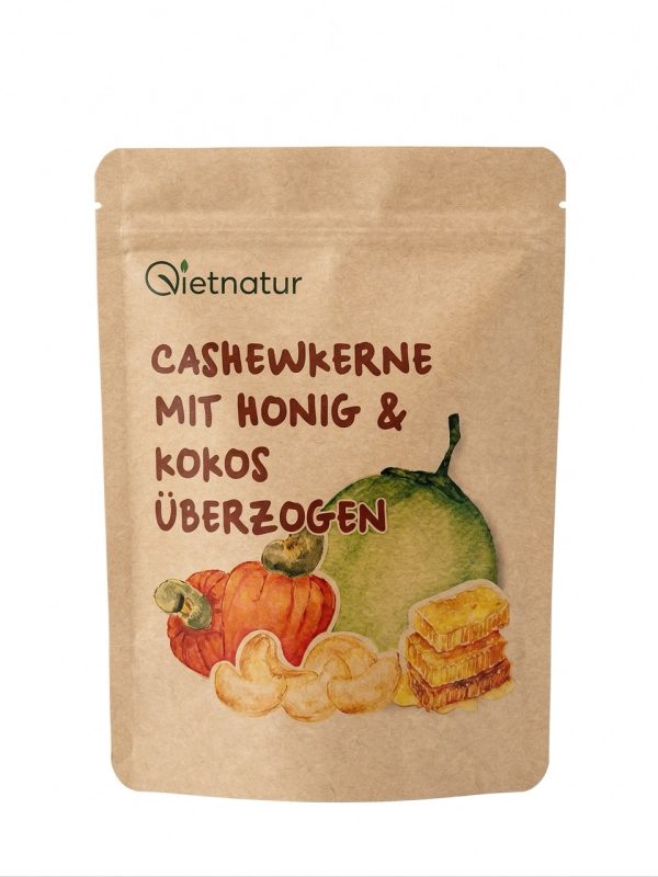 cashewkerne-honig-kokos-vietnam-vietnatur-snack-front Cashewkerne mit Honig und Kokos aus Vietnam – VietNatur Snack im Beutel