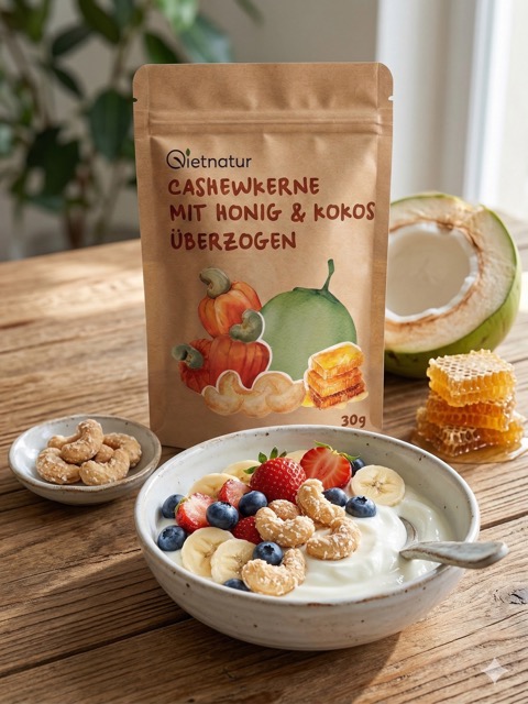 Cashewkerne mit Honig und Kokos als Topping für Joghurt und Frühstück