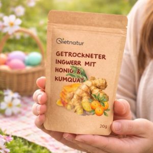 Vietnatur Ingwer-Snack in einer natürlichen Gartenumgebung, ideal für unterwegs
