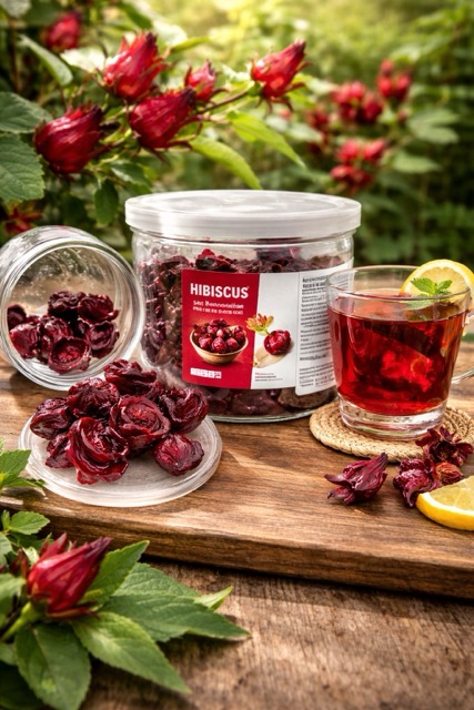 Hibiskus Tee mit kandierten Hibiskusblüten aus Vietnam – erfrischendes Getränk und exotischer Snack