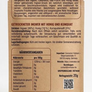 Rückseite der Verpackung mit Nährwertangaben und Zutatenliste von getrocknetem Ingwer
