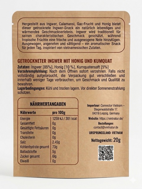 Rückseite der Verpackung mit Nährwertangaben und Zutatenliste von getrocknetem Ingwer