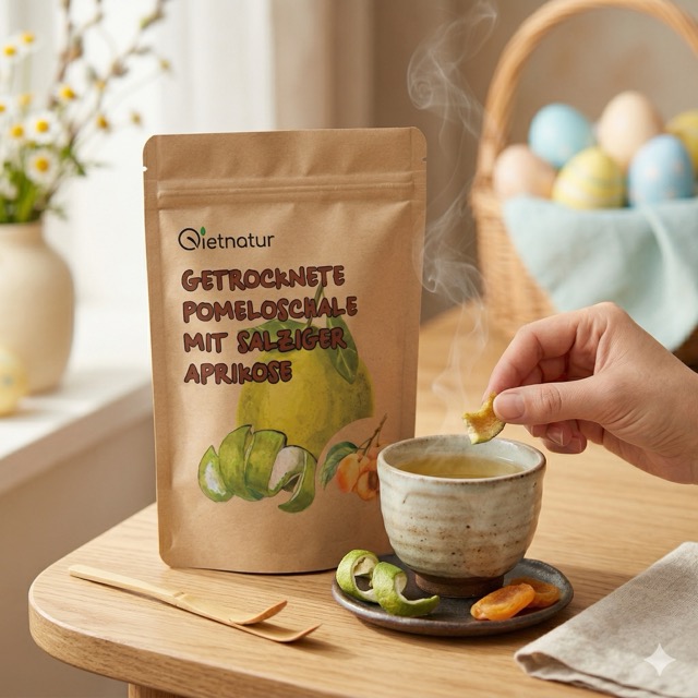 Getrocknete Pomeloschale als Snack mit Tee – fruchtig und leicht salzig