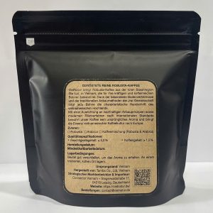 Rueckseite der Verpackung von vietnamesischem Robusta Kaffee 100g mit Produktinformationen