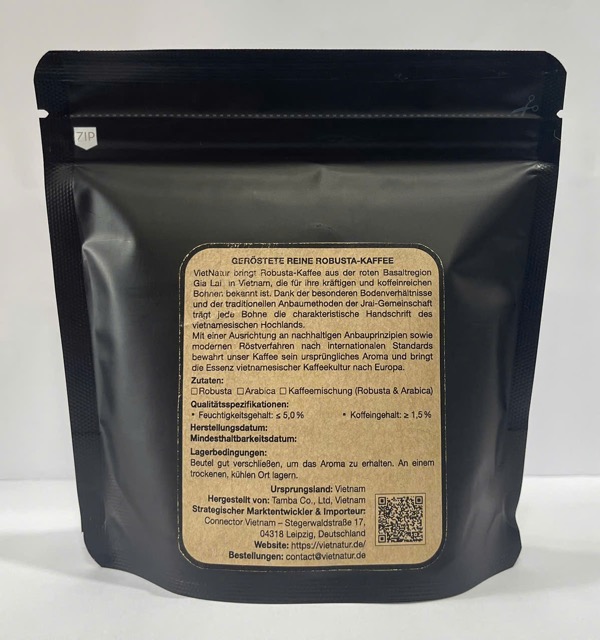 Rueckseite der Verpackung von vietnamesischem Robusta Kaffee 100g mit Produktinformationen