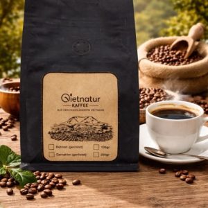 Vietnamesischer Robusta Kaffee als ganze Bohnen in Verpackung von VietNatur