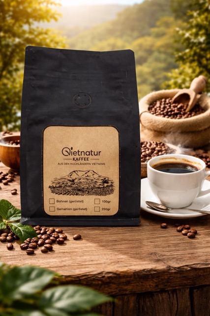 Vietnamesischer Robusta Kaffee als ganze Bohnen in Verpackung von VietNatur