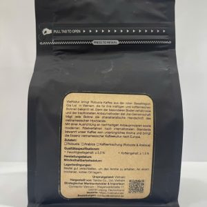 Rueckseite der Verpackung von vietnamesischem Robusta Kaffee mit Produktinformationen