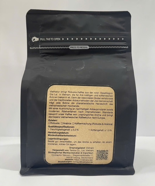 Rueckseite der Verpackung von vietnamesischem Robusta Kaffee mit Produktinformationen