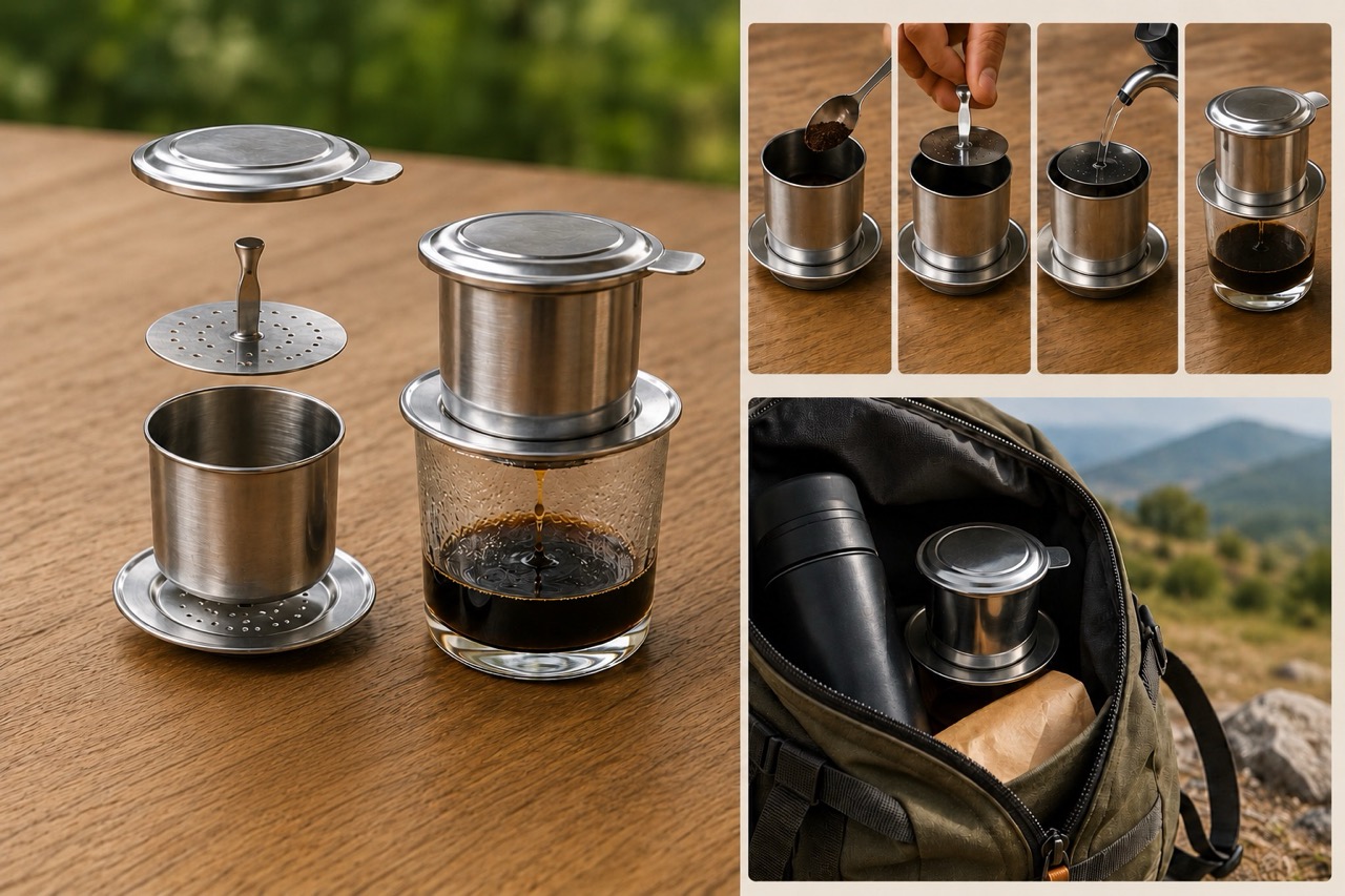 Nahaufnahme des Aufbaus eines vietnamesischen Kaffeefilters (Phin), den Sie problemlos überallhin mitnehmen können