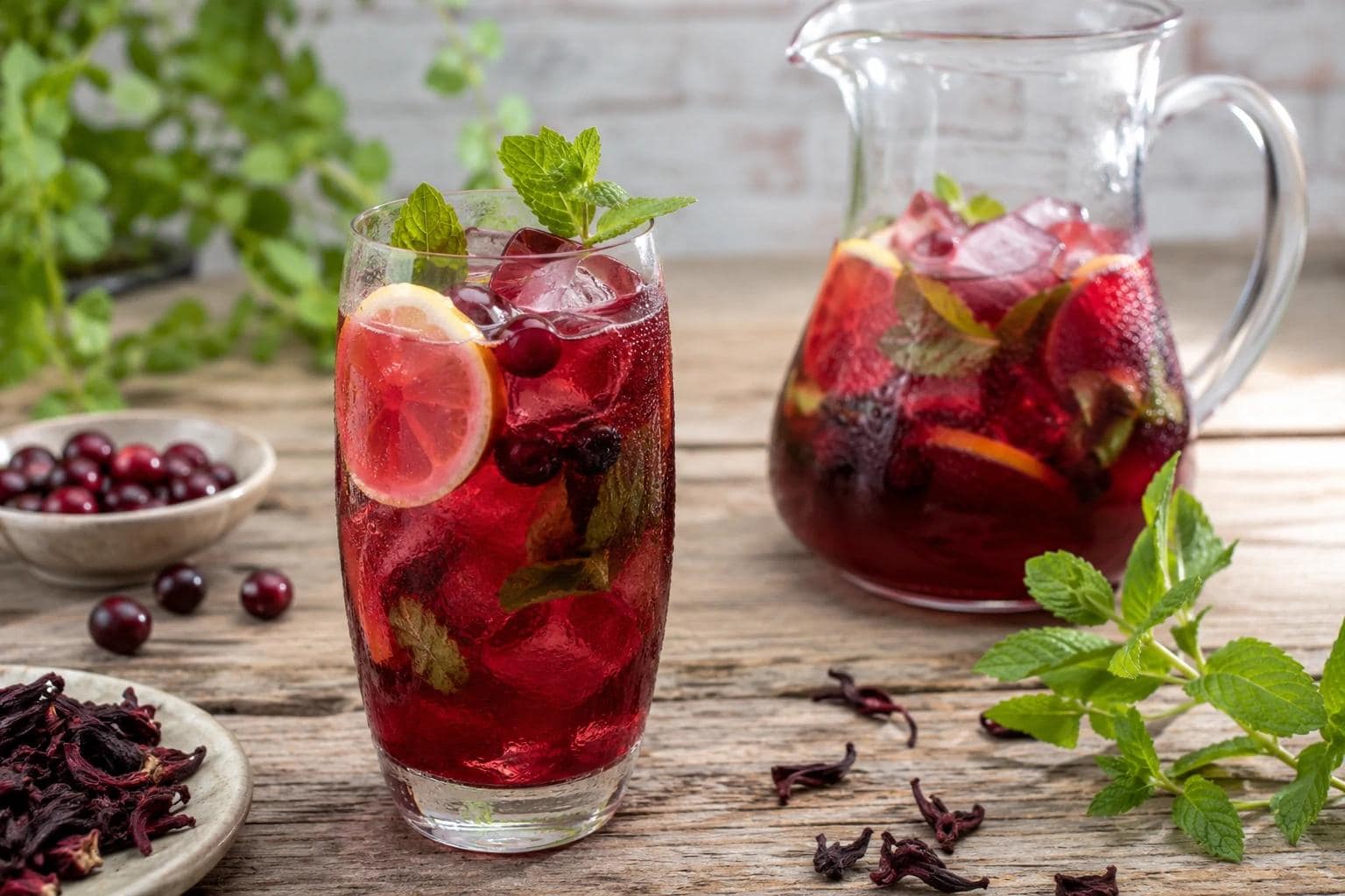 Eine Kanne eisgekühlter Hibiskustee mit natürlicher rubinroter Farbe, verfeinert mit Orangenscheiben und frischer Minze