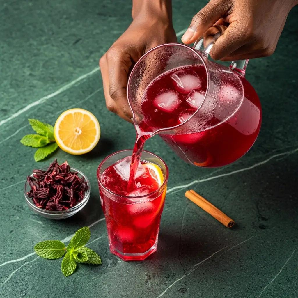 Ganze getrocknete Hibiskuskelche und ein Glas frisch aufgebrühter Hibiskustee