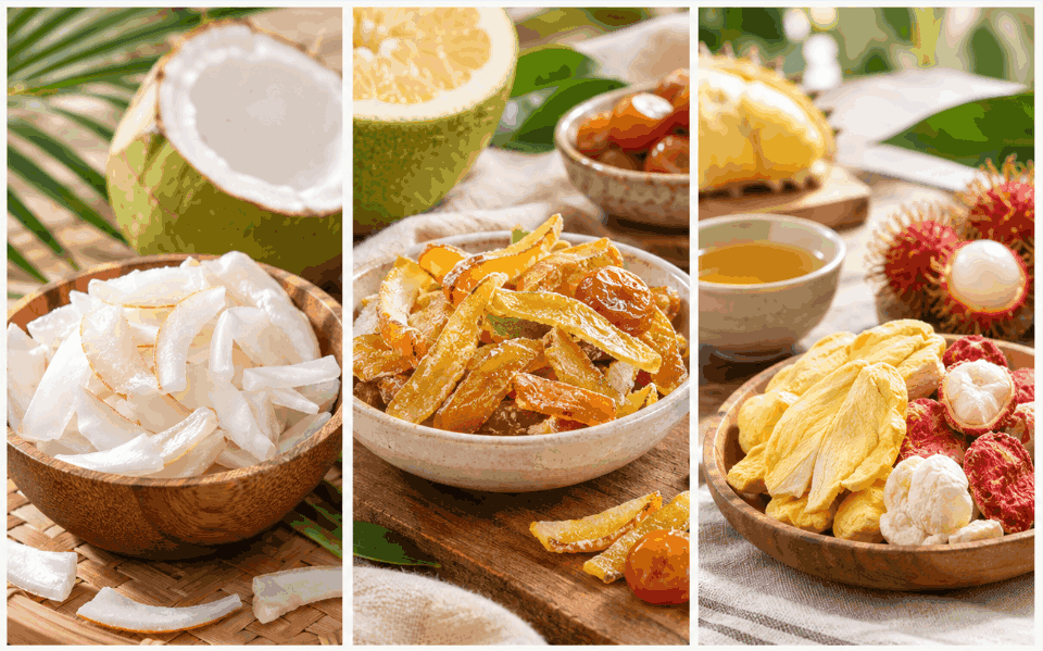 Vietnamesische Süßspeisen aus Früchten, Nüssen und tropischen Spezialitäten