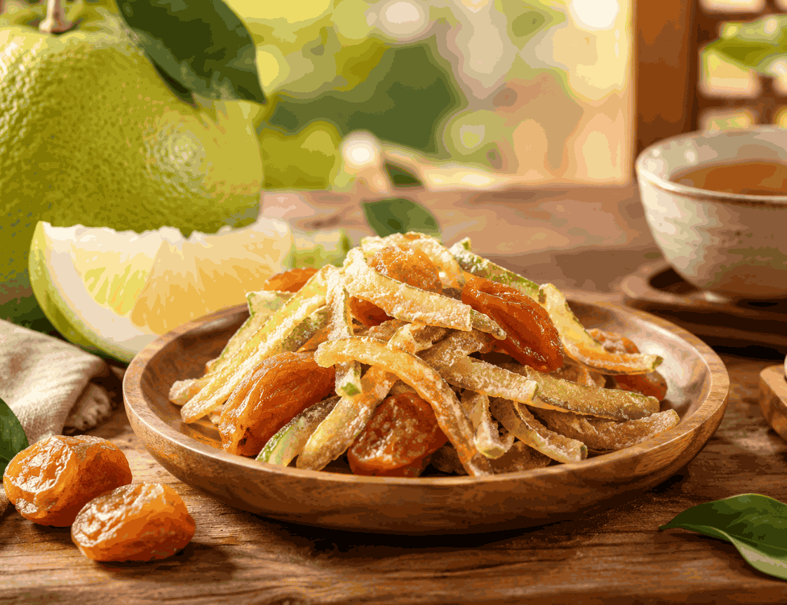 Pomeloschalen Snack mit gesalzener Aprikose